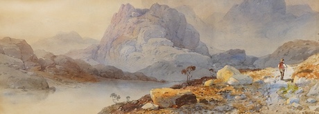 Aaron Edwin Penley R.A. (1807-1870), Mountainous riverscape with figure, signed, watercolour, 18 x 46cm